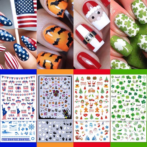 IDDFEVE 24 Sheets Seasonal Nail Art Stickers, Four Season Variety Pack All Holiday Nail Decals, Self-Adhesive Varied Design for Flowers Butterflies Halloween Christmas Spring Summer Fall Decoration