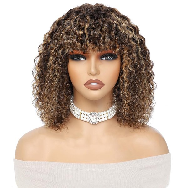 OnePart human wigs 200% density short kinky curly wave wig with bangs for black women 100% brazilian virgin human hair wigs machine made glueless for black women P4/27