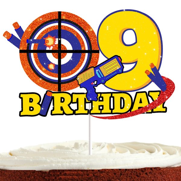 Dart Gun Cake Topper 9 for Boys Girls 9th Birthday Dart War Party Supplies Target Bullet Cake Decorations Target Gun Ninth Birthday Cake Decor Gun Theme Party Supplies