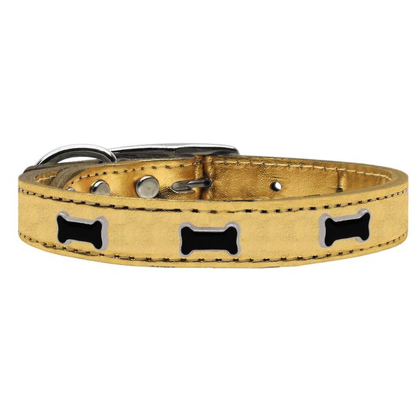 Mirage Pet Products Black Bone Widget Genuine Metallic Leather Dog Collar Gold, Size 14