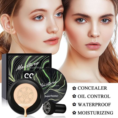 SuperThinker Air Cushion CC Cream Mushroom Head Foundation, Moisturizing BB Cream Makeup Long Lasting Matte Concealer (Ivory)