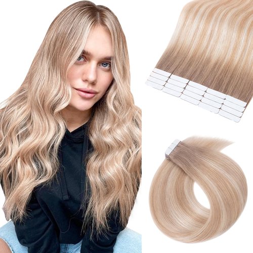 Hairro 20" 30g Tape in Hair Extensions Remy Human Hair #6T27P60 Ash Blonde Balayage with Brown Root Thin Long Straight Hair Seamless Skin Weft Invisible Double Sided Tape 20pc/pack +10 Tape Bonds