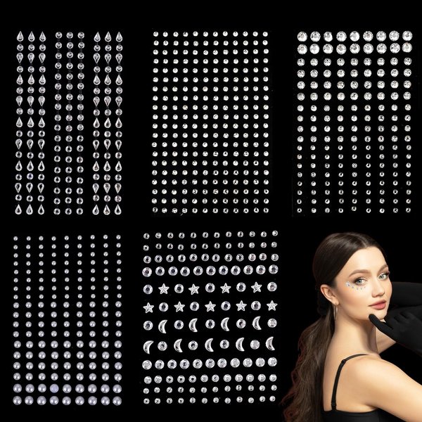 Rhinestones Hair Gems, 850 Pcs Nail Gems Face Gems Face Glitter Self-Adhesive Face Jewels Makeup Rhinestones Stickers Rhinestones Pearls Crystals Stick on Nail Body for DIY Crafts Festival