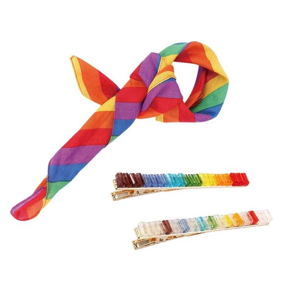 Pokinge 3pcs Rainbow Colour Bandanas Headband and Rainbow Crystal Duckbill Clips, Headscarf Cotton Hair Band Rhinestone Rainbow Crystal Hair Clips