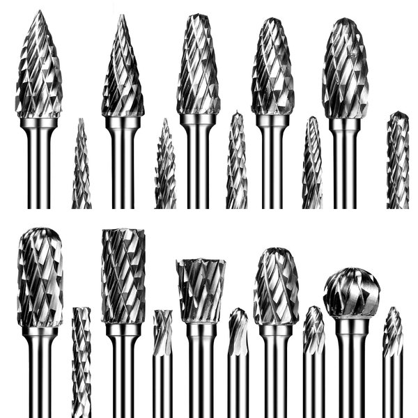Carbide Burr Set, Die Grinder Bits, 20 Pcs 1/8" Shank Double Cut Tungsten Carbide Rotary Burrs Set Compatible with Dremel for Metal Carving Wood Working Engraving Polishing