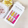 24 Pcs Acrylic Press on Nails Long Fake Nails Colorful Stripes Glue on Nails Coffin Shaped False Nails with Yellow Rose Red Color Glossy Stick on Nails for Women Girls