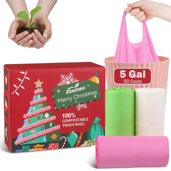 JENCENBIO 5 Gallon Compostable Handle Trash Bags Compost Food Scrap Waste Bags with US BPI ASTM D6400 and Europe OK Compost Home Certified 50 Couts