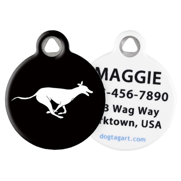 Dog Tag Art Breed Silhouette Design Pet ID Tags (Small (7/8" Diameter), Running Greyhound)