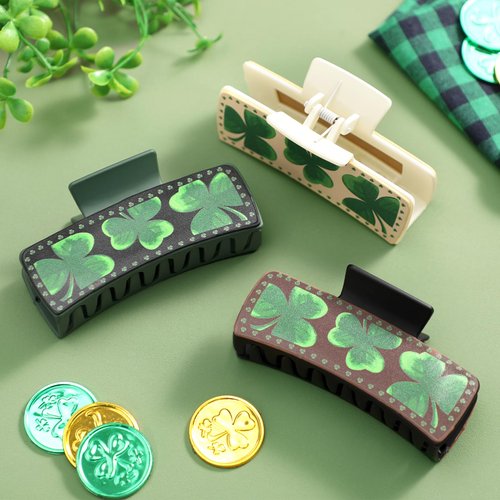 St. Patrick's Day Hair Claw Clips for Women Matte Leather Clover Hairpins Watercolor Green Shamrock Hairgrips For Short Curly Long Hair Parade Dress Up Idea Set of 3