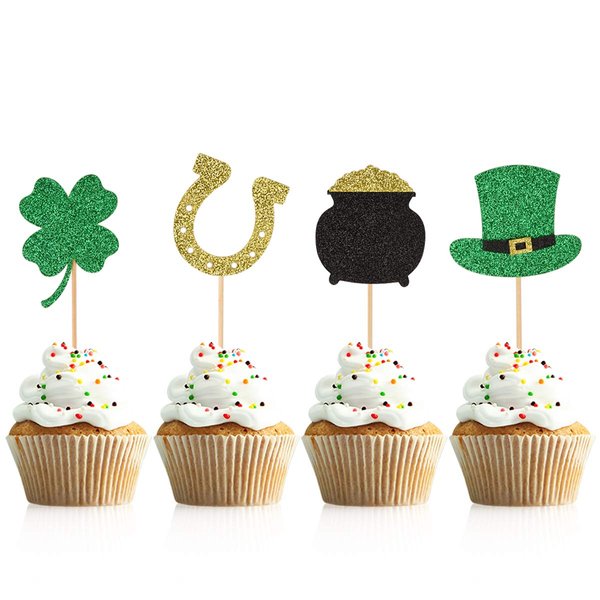 Donoter 36 Pieces Glitter Shamrock Cupcake Toppers Four Leaf Clover Cake Picks for St Patrick's Day Party Decorations