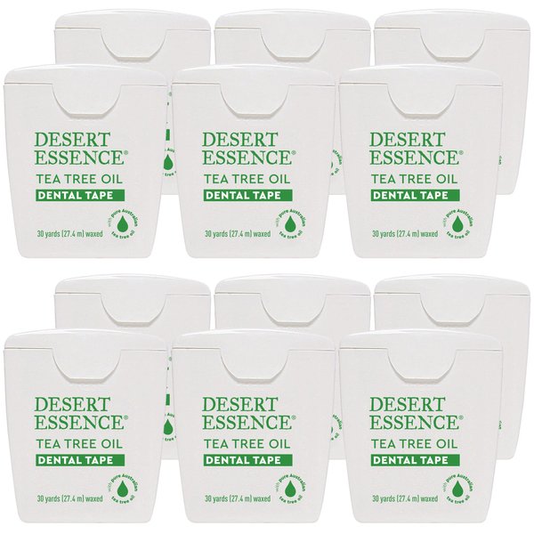 Desert Essence Tea Tree Oil Dental Tape - 12 Count (Pack of 1) - Naturally Waxed w/Beeswax - Thick Flossing No Shred Tape - On The Go - Removes Food Debris Buildup - Cruelty-Free Antiseptic