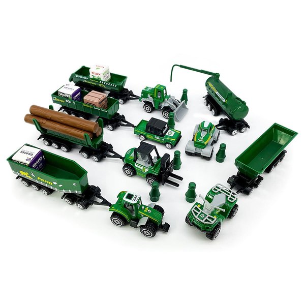 Kid's Farm Toys Tractor Trailer Trucks Vehicle Playset Grain Loader Forklift Pickup Tow Truck Towing Water Tank Log Transport, 12 Pieces Die Cast Farming Toy Vehicles Model Car, Boys Toy Gifts, green