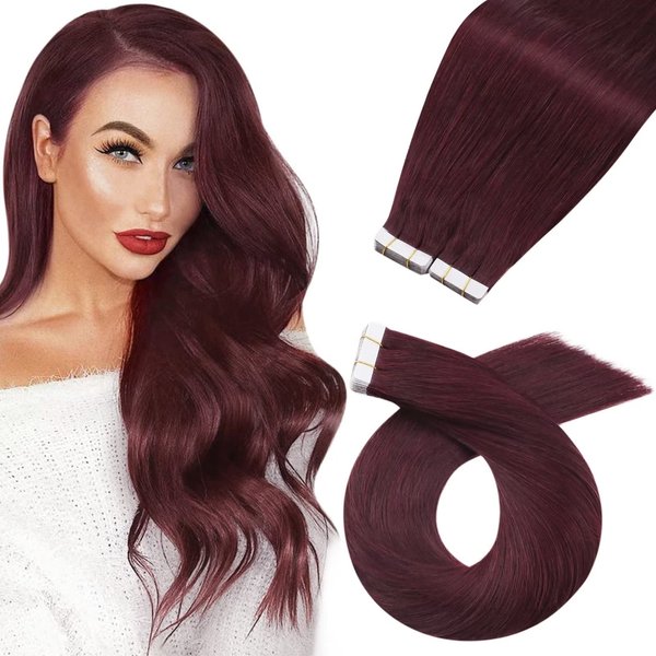 Moresoo Burgundy Tape in Hair Extensions Human Hair Seamless Hair Extensions Tape in Wine Red Human Hair Extensions Tape in Skin Weft Hair Extensions Human Hair 12 Inch #99J 40pcs 60g