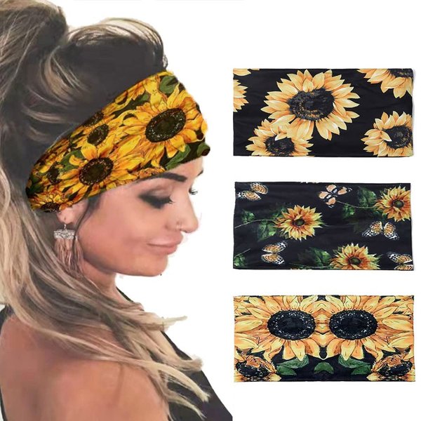 GORTIN Boho Headbands Sunflower Wide Hair Bands Turban Head Wraps Stretch Yoga Head Band African Workout Head Scarf for Women and Girls Pack of 3 (Set 1)