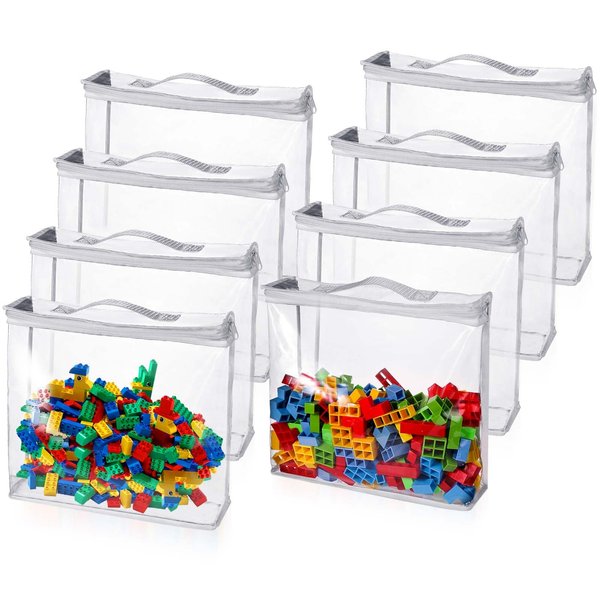 8pcs Toy Storage Bags with Zipper, 12.6x12.2x3.15 Inch Transparent Zipper Pouches for Game Organizing Clear Storage Bags PVC Toy Organizing Bags Toy Bags for Kids Building Blocks Puzzles Toys