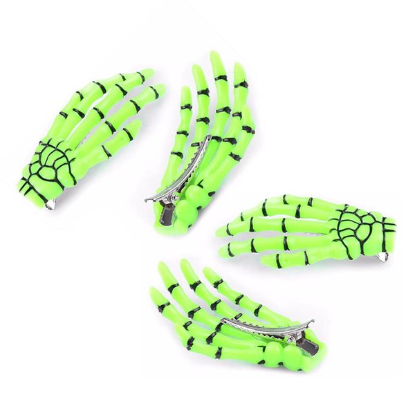 AKOAK 2 Pairs (4 Pcs) Halloween Hair Clip with Skeleton Hand Claw, Female Hair Styling Accessories for Girls (Green)