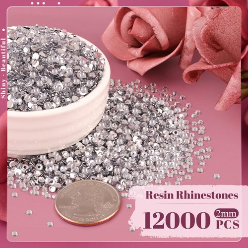 12000PCS 2mm Resin Rhinestones Bulk for Crafting (Clear), Flatback Bedazzling Crystals for Crafts DIY Nail Decoration, Gems Charms for Tumbler Shoes Clothing Fabric with Pickup Pen and Tweezers