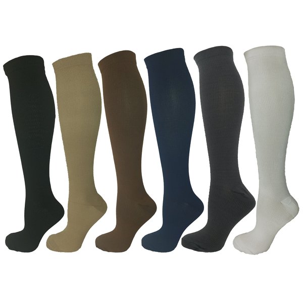6 Pair with 6 Colors Ladies Compression Socks; Runners, Nurses, Orthopedic, DVT, Diabetic Moderate/Medium Compression 15-20 mmHg. Therapeutic, Occupational, Travel & Flight Knee-High L/XL