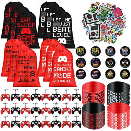 Video Game Party Favors Party Supplies Party Favor Bags with Drawstring Bracelets Video Game Controller Keychains Button Pins Gaming Stickers for Kids Gamer Birthday Decor(Bright Style, 122 Pcs)