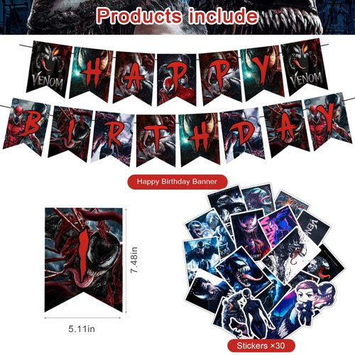 AM/Z Venom 2 Party Decorations,Venom 2 Birthday Party Supplies For Venom Party Supplies Includes Banner - Cake Topper - 12 Cupcake Toppers - 18 Balloons - 30 Venom Stickers
