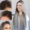 K'ryssma 13x6 Lace Front Wig Highlight Ash Blonde Grey Synthetic Lace Front Wigs Pre Plucked for Women Glueless Long Bone Straight Ombre Cyan Gray 13x6 Lace Frontal Wig 24 Inches