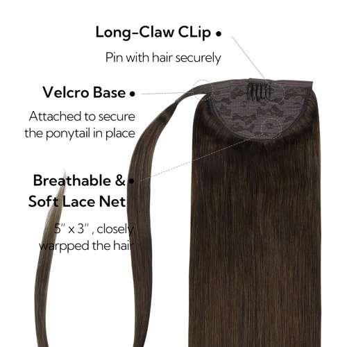 HOTBANANA Ponytail Extension, 22 Inch Ponytail Extension Human Hair Clip in Wrap Around Ponytail Hair Piece Light Dark Brown Long Straight Remy Human Hair Extension 90g