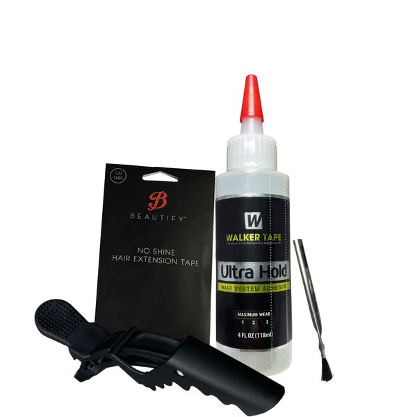 Bundle Pack | No Shine Double Sided Tape for Extensions Pre Cut Tabs 120PC/bag and Ultra Hold Hair System Wig Adhesive Nozzle Top 4oz with Small applicator Brush for Wig Glue and Hair Sectioning Clip