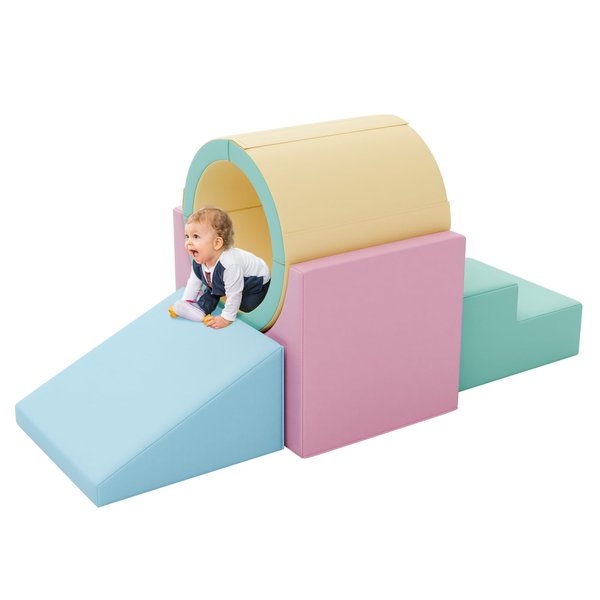 TOLEAD Tunnel/Ramps Foam Climber, Climb & Crawl Foam Activity Play Set for Toddlers and Kids, Safe Indoor Crawling Gym Equipment for,Infant,Baby Waterproof Easy to Clean (Pink)