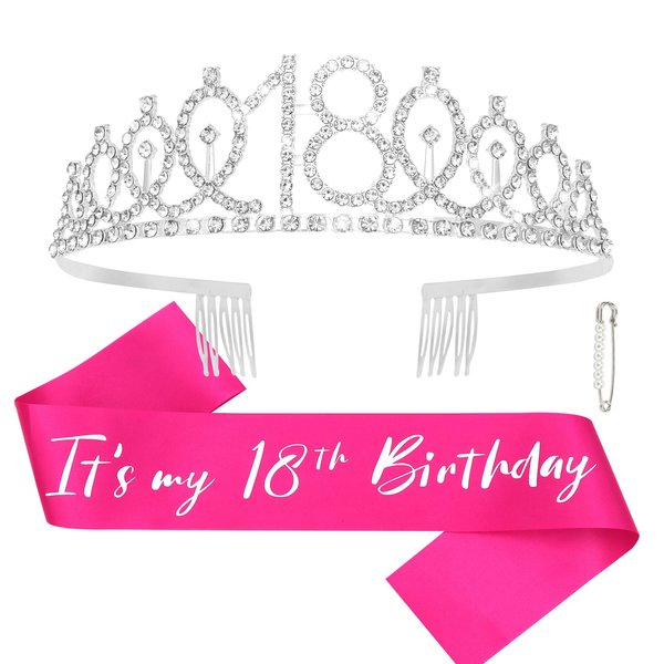 CAVETEE Silver Sweet 16 Birthday Sash and Tiara, 16th Sliver Crown & Hot Pink Sweet 16 "Sash for Girls Kit Birthday Decoration 16th Birthday Party Gifts Birthday Party Supplies