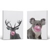 Smile Art Design Reindeer and Koala Animal Bubble Gum Art 2 Panel Canvas Print Set Pink Gum Black and White Wall Art Baby Room Boy Girl Kids Room - Nursery Decor Ready to Hang Made in USA- 12x8