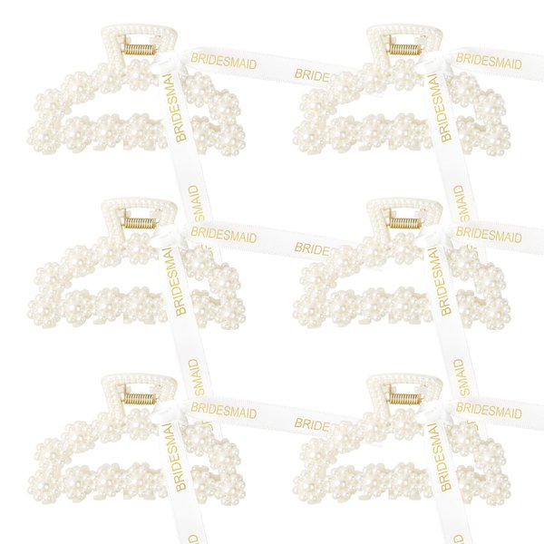 DEEKA Bridesmaid Proposal Gifts 6 Pack Pearl Bridesmaid Hair Claw Clips with Ribbon 3 Inch Hair Clips Bachelorette Party Favors Bridal Party Present Hair Accessories (Half Circle)