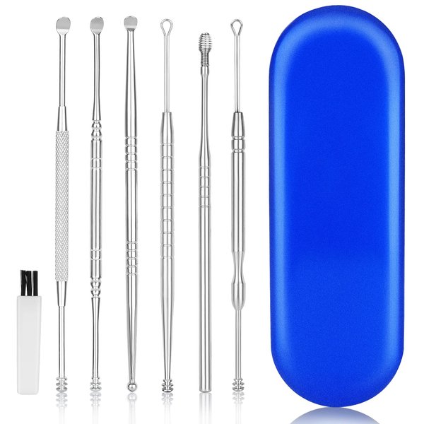 CYSNATU Ear Wax Removal Kit, Ear Cleaner, Ear Pick, Ear Cleaning Tool Set Stainless Steel 6 in 1 Ear Spoon Curette (with Cleaning Brush and Storage Box, Silver)