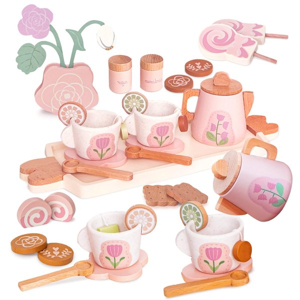 Smartwo Wooden Tea Set for Little Girls, Pretend Play Tea Party Set Toy with 27 PCS Play Kitchen Accessories, Princess Tea Set Toy, Birthday Gift for Kids 2 3 4 5 Years Old, Improve Imagination