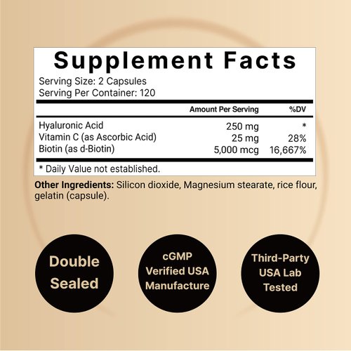 NatureBell 2 Pack Plant Based Hyaluronic Acid Supplements 250mg with 25mg Vitamin C & Biotin 5000mcg, 480 Total Capsules | Essential for Hair Growth, Joint Support, & Hydrating Skin | Non-GMO