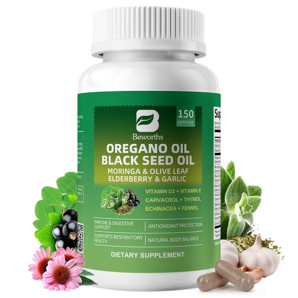Oregano Oil Capsules with Black Seed Oil - Oil of Oregano Capsules with Moringa, Elderberry, Echinacea, Garlic, Fennel - Carvacrol & Thymol for Immune, Digestive & Antioxidant Support (75-Day Supply)