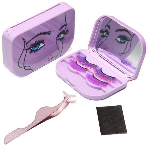3 Tier Eyelash Storage Case Lash Dime Organizer Holder Box with Mirror Makeup Cosmetic Travel Case Empty and Eyelash Tweezer False Lash Container (Purple)