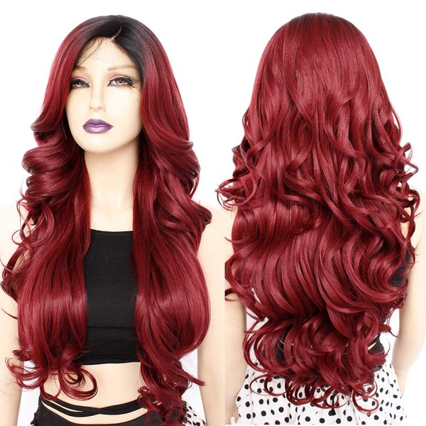 Ebingoo + Wig Cap 26 Inch Burgundy Lace Front Wigs with Dark Roots Wine Red Lace Front Wig With Baby Hair Ombre Red Lace Front Wigs Long Body Wavy Synthetic Hair for Women Daily Wear Party
