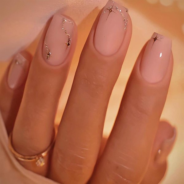 Pink Press on Nails Short Medium Square - WLGDLH Fake Nails Nude Powder False Nails Press Ons with Gold Star Marbled Curve Design Full Cover Nail Tips Acrylic Nail Art Kit for Women 24 Pcs