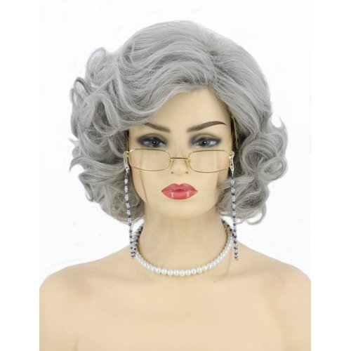 Topcosplay Old Lady Wig and Accessories 5pcs Set Granny Costume Wig Grandma wig Halloween Party Wigs