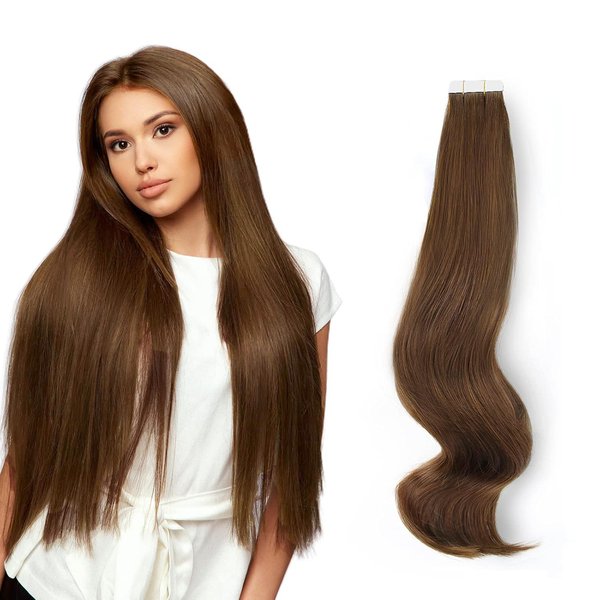 ABH AmazingBeauty Hair Semi-Permanent Pre-taped Real Remy Human Hair Skin Weft Hair Extensions, Invisible, Seamless and Reusable, 50g 20pcs, Light Chocolate Brown Color 4, 20 Inch