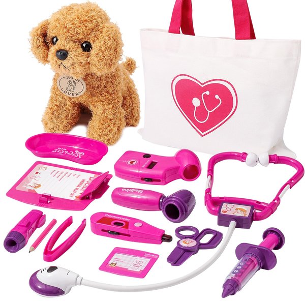 HERSITY Vet Toys Girls Doctor Kit for Kids, Veterinary Pretend Play Puppy Plush Dog Grooming Toy Medical Set Games for Toddlers Children Ages 3 4 5 6 Year Old