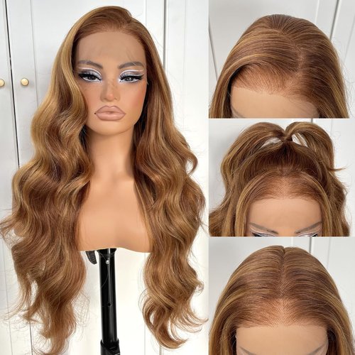 MITIMES Sunkissed Highlights Series, 13x6 Full Glueless Body Wave Lace Frontal Wig Preplucked, Ombre Honey Blonde Synthetic Lace Front Wigs, 4/27 Brown and Blonde Wigs