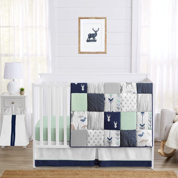 Sweet Jojo Designs Navy Blue, Mint and Grey Woodsy Deer Boys Baby Bedding 4 Piece Crib Set