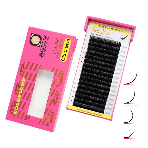 SEEDEW Classic Individual Eyelash Extensions, 8mm C Curl 0.15mm 16 Rows/Tray, Single Natural Soft Lightweight Short Bottom Lashes Grafting Supplies for Lash Artists Salons (Matte Black-0.15-C-8mm)