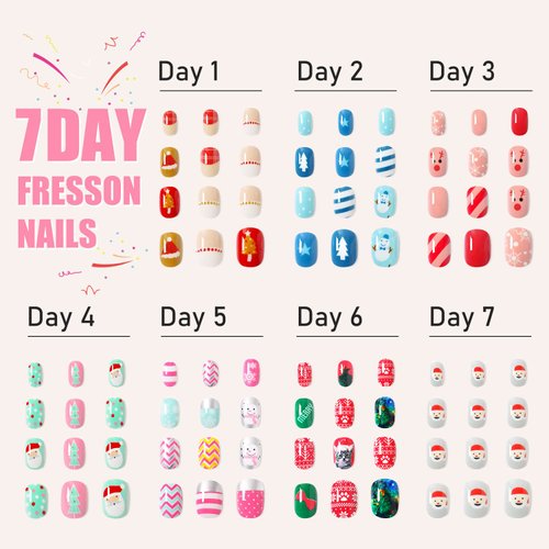 Major Dijit 7-Day Press on Nails for Kids - 84 pcs 7 pack Fake Nails for Girls Cute Pattern Self Adhesive Pre-glue False Nail Tips for Little Girls (Christmas Series)