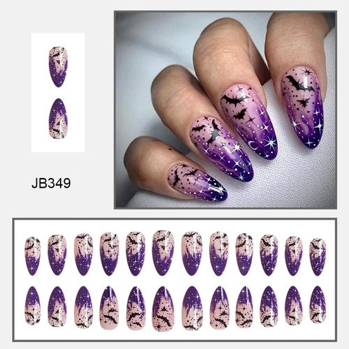 Halloween Press on Nails Medium Almond Fake Nails Purple Magic Bat False Nails with Purple Flame Designs Star Moon Halloween Glue on Nails Acrylic Nails Halloween Stick on Nails for Women 24 Pcs