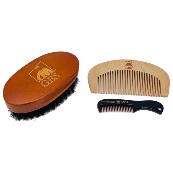 G.B.S Combo Beard Grooming set, Oval Wood Beard Brush with Boar Bristles 4 1/2" x 2 3/8", All Fine Wood Beard Comb 2" x 4" & Tortoise Pocket Beard and Mustache Comb Effortless Glide