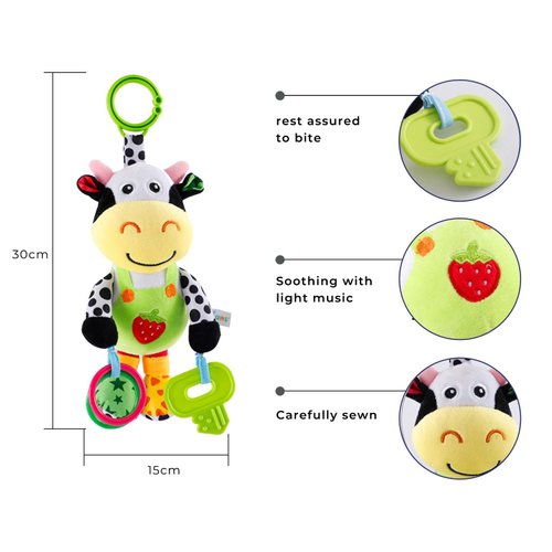 Interactive 3D Teethers Musical Baby Toy-Plush Stroller Hanging Doll for Infant Babies Stuffed Animal Activity Soft Toys with Multi-Sensory Crinkle, Rattle & Textures for Tummy Time 0-3 Years Cow