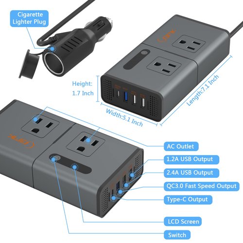 BMK 200W Car Power Inverter Newly Car Plug Adapter Outlet Charger DC 12V to 110V Car Inverter with 1.2A&2.4A USB, 1 QC3.0 USB and 1 Type C Ports Black