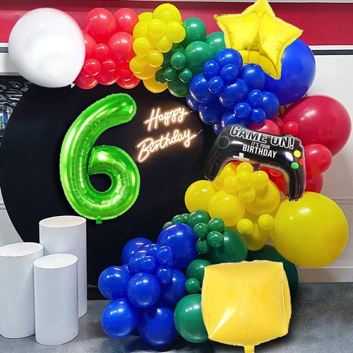 109PCS Red Blue Yellow Green Balloon Garland Arch Kit with and Question Mark Block Balloon, King Boo balloon, Super Star Balloons and for Video Game Mario Theme 6th Birthday Party Decorations